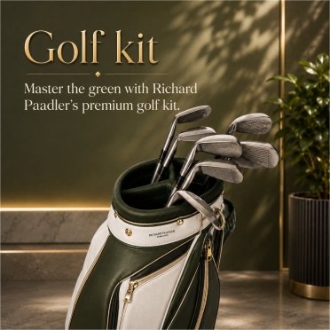 Richard Paadler luxury golf clothing featuring a golfer in a premium white polo shirt with a professional golf bag on the course.